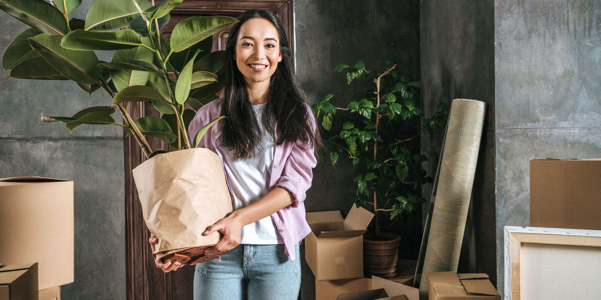 happy young woman with ficus plant and boxes moving into new house happy young woman with ficus plant and boxes moving into new house