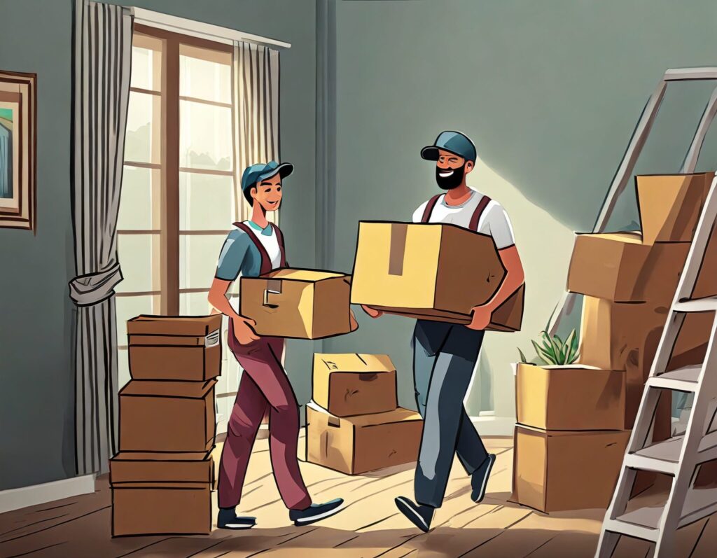 professional movers carrying boxes and furniture while moving into a room