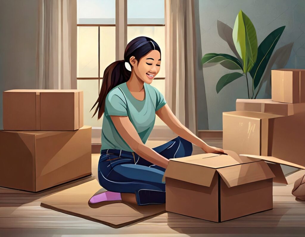 young female sitting on the floor unpacking moving boxes in a new home, lifestyle