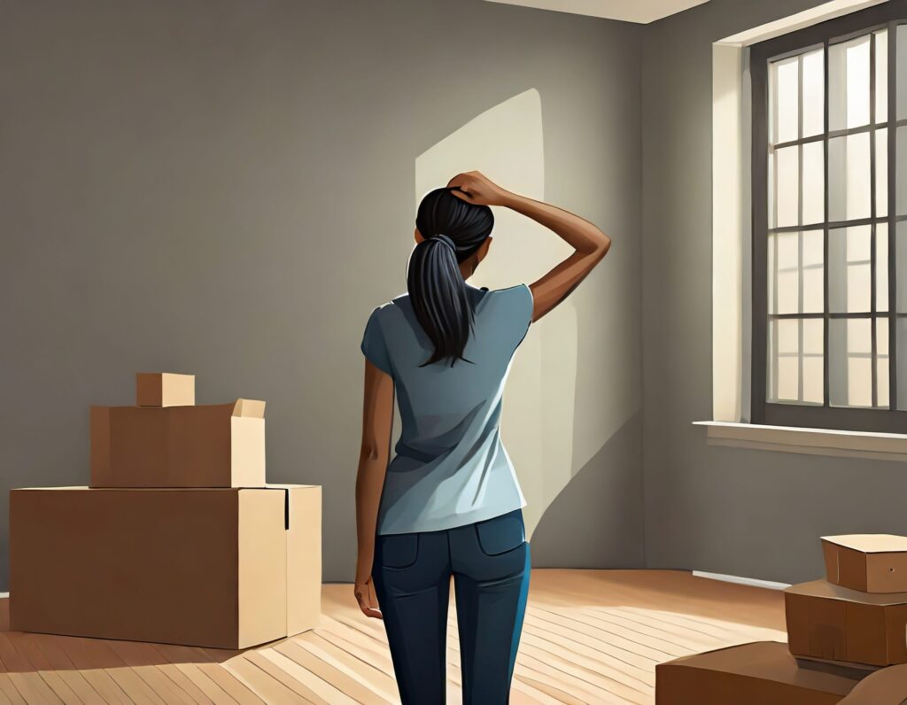 young female standing in empty room, scratching head facing away from camera, moving boxes