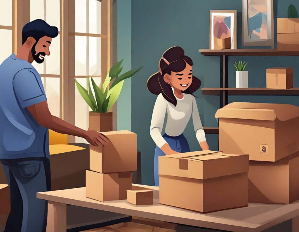 young male packing boxes in his room, moving out from home, his mum helping him get ready fo