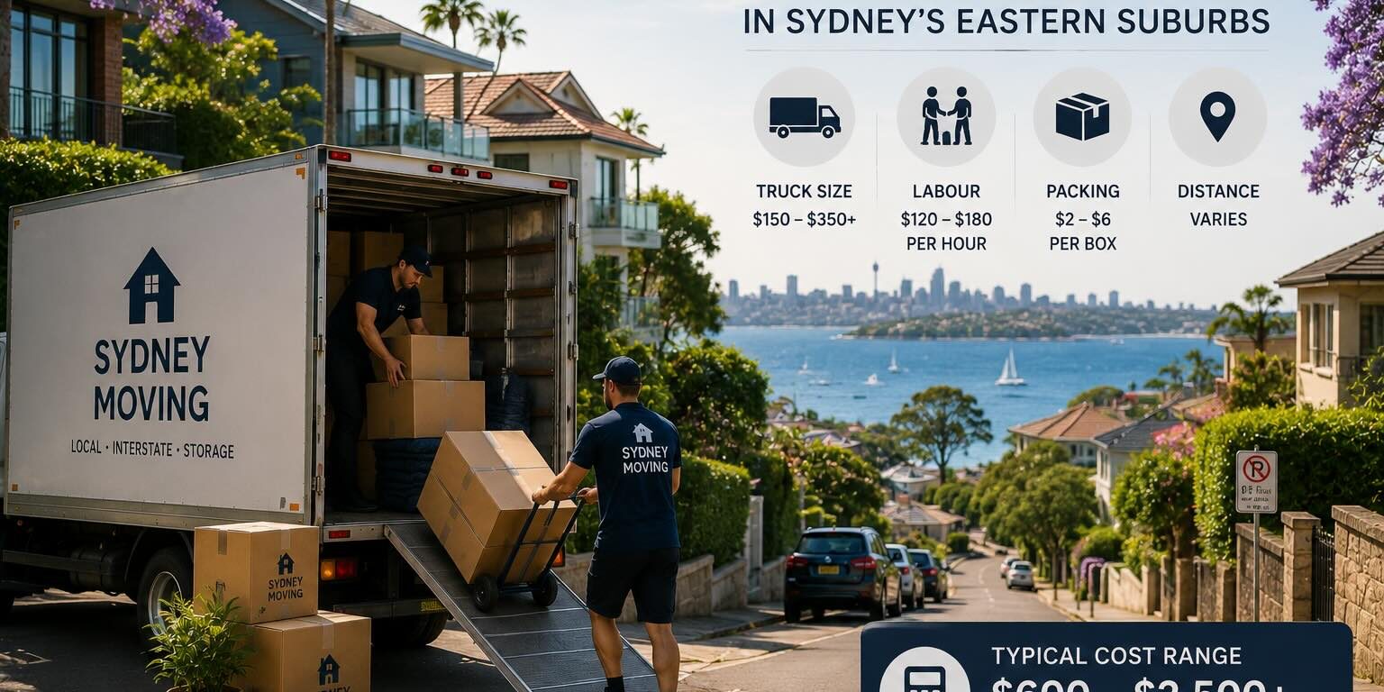 Moving truck and boxes overlooking Sydney Eastern Suburbs coastline with moving budget planning scene