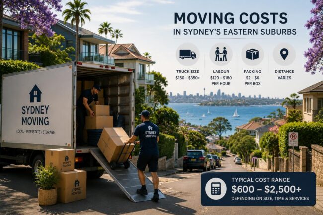 Moving truck and boxes overlooking Sydney Eastern Suburbs coastline with moving budget planning scene