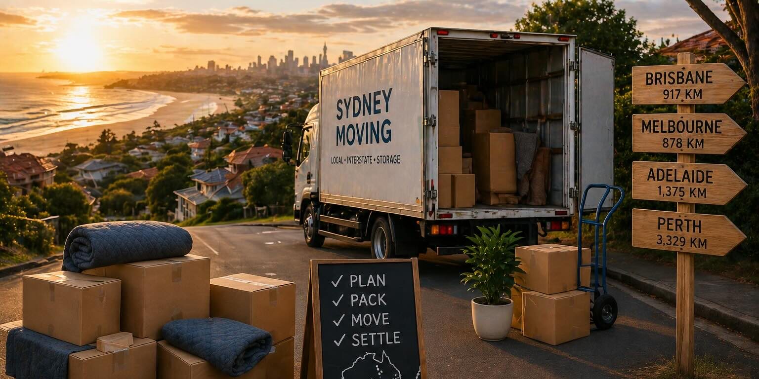 Interstate moving truck leaving Sydney Eastern Suburbs at sunset with packed boxes and highway signs