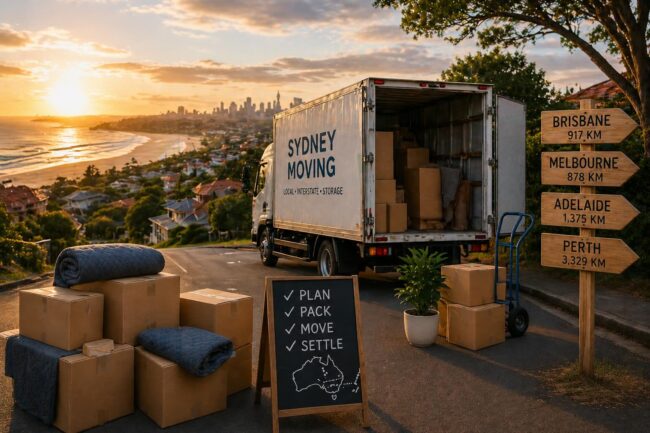 Interstate moving truck leaving Sydney Eastern Suburbs at sunset with packed boxes and highway signs