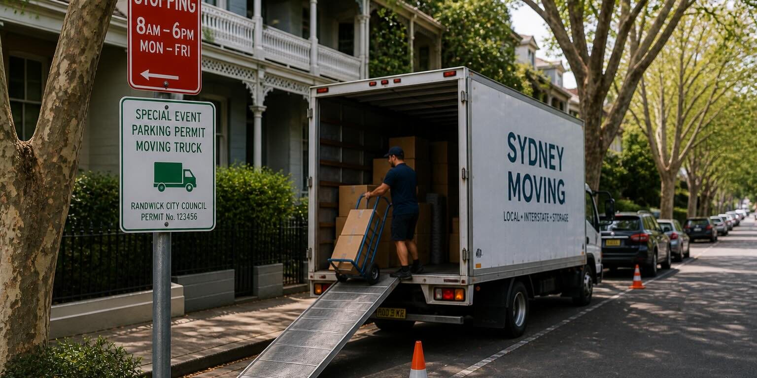 Moving truck parked on a leafy Randwick street beside parking permit and no stopping signs
