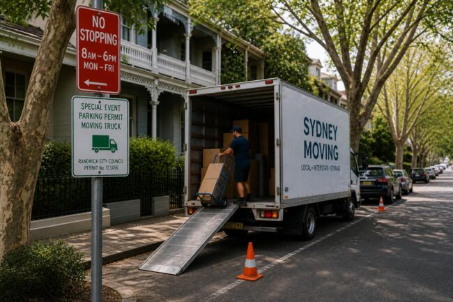 Moving truck parked on a leafy Randwick street beside parking permit and no stopping signs